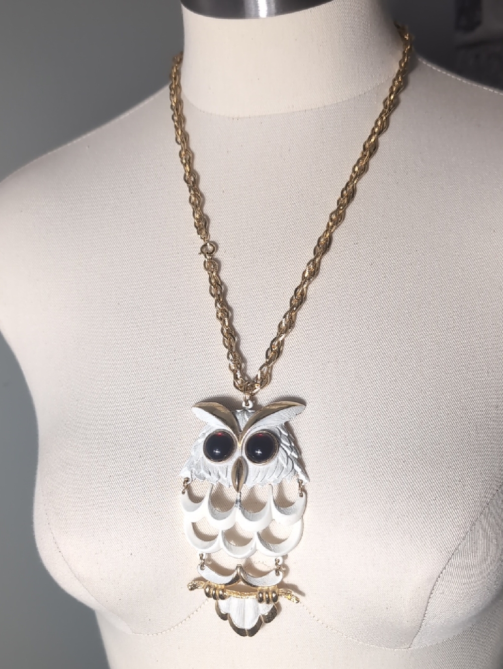 Vintage Articulated Large White And Gold Owl Pendant Necklace With Red Eyes.
